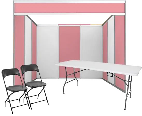 Stand tipo cajón con mesa y sillas